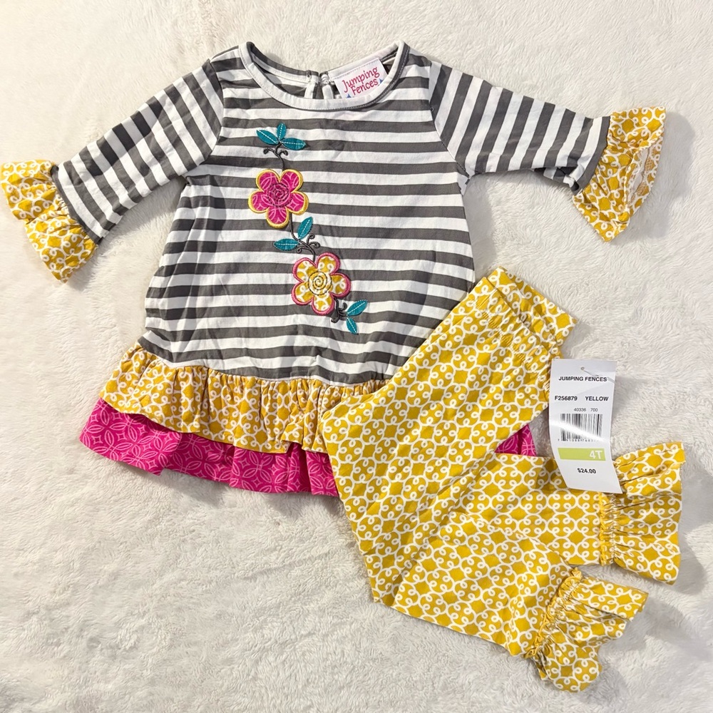 Jumping Fences Striped Floral Set - Gray, Yellow, Pink